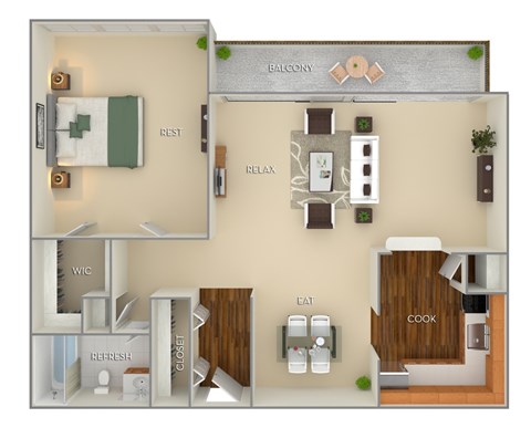 Floor plan for 1 bed, 1 bath, 800 sqft